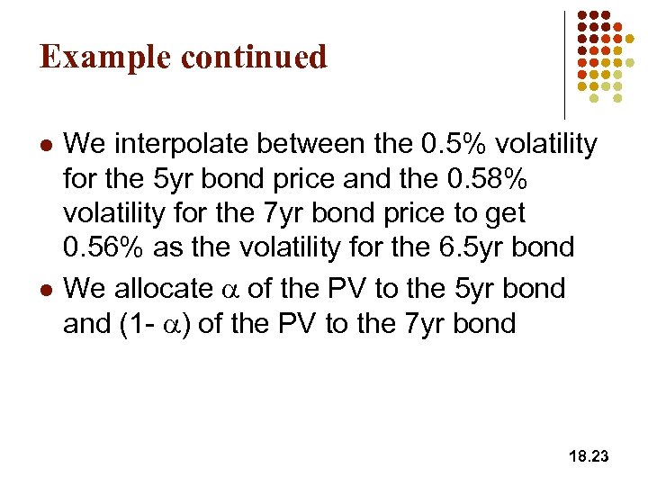 Example continued l l We interpolate between the 0. 5% volatility for the 5