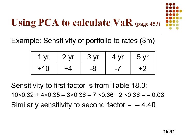 Using PCA to calculate Va. R (page 453) Example: Sensitivity of portfolio to rates