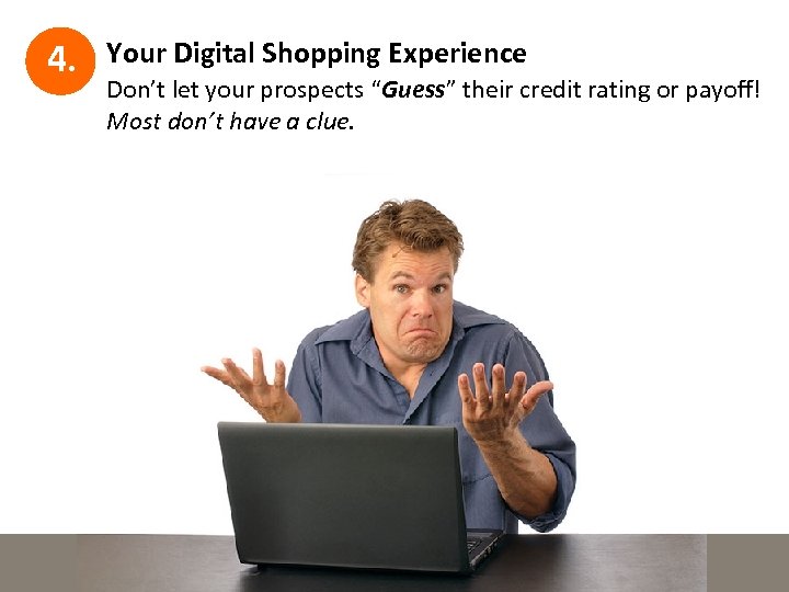 4. Your Digital Shopping Experience Don’t let your prospects “Guess” their credit rating or