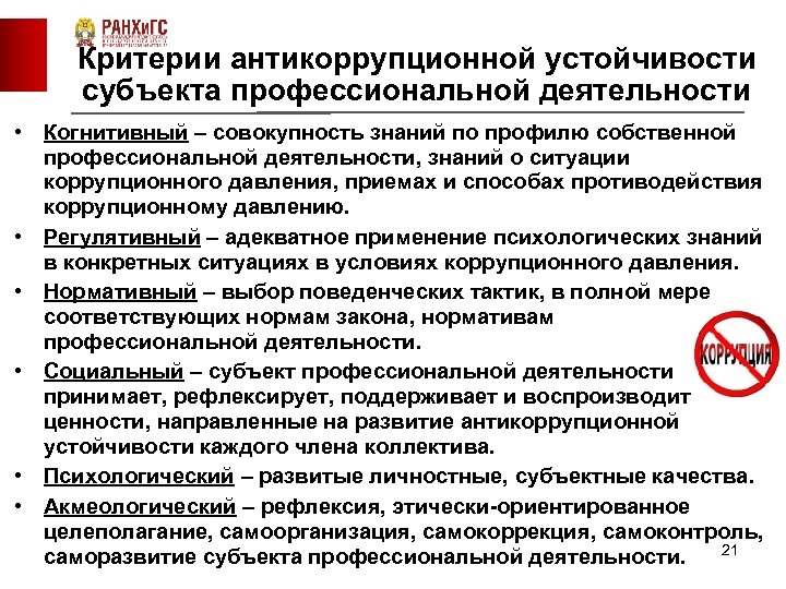 Критерии антикоррупционной устойчивости субъекта профессиональной деятельности • Когнитивный – совокупность знаний по профилю собственной