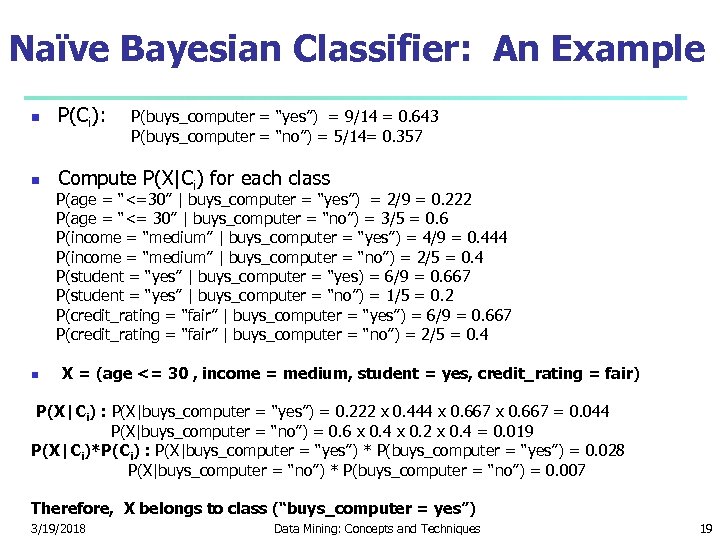 Naïve Bayesian Classifier: An Example P(Ci): P(buys_computer = “yes”) = 9/14 = 0. 643