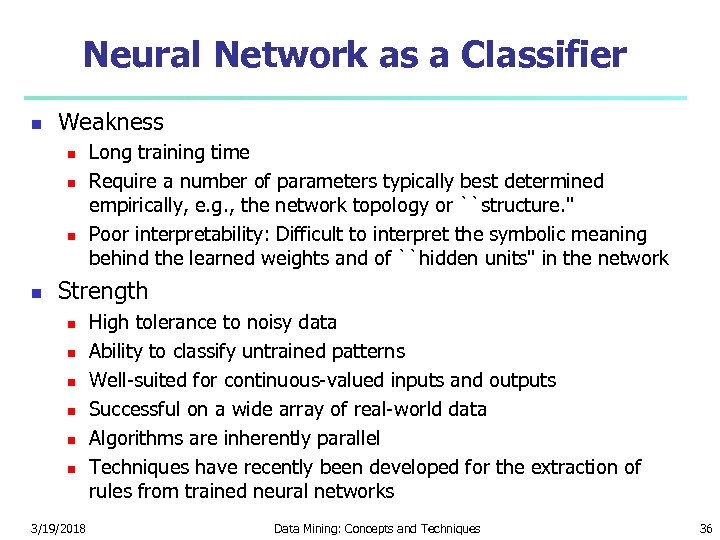 Neural Network as a Classifier Weakness Long training time Require a number of parameters