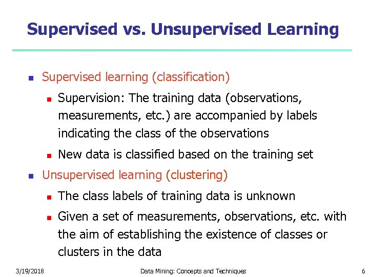 Supervised vs. Unsupervised Learning Supervised learning (classification) Supervision: The training data (observations, measurements, etc.