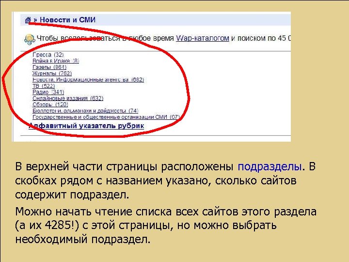 В верхней части страницы расположены подразделы. В скобках рядом с названием указано, сколько сайтов