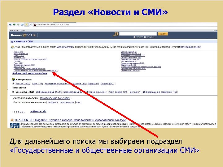 Раздел «Новости и СМИ» Для дальнейшего поиска мы выбираем подраздел «Государственные и общественные организации