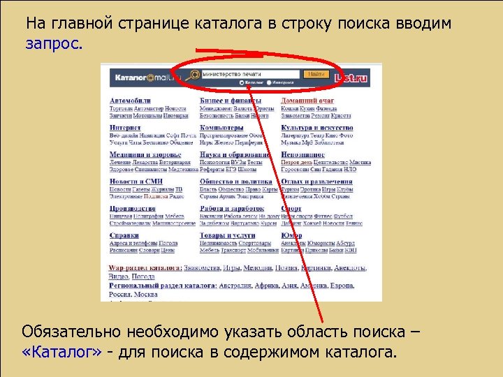 На главной странице каталога в строку поиска вводим запрос. Обязательно необходимо указать область поиска