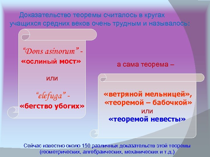  Доказательство теоремы считалось в кругах учащихся средних веков очень трудным и называлось: “Dons