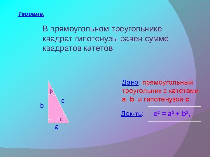 Теорема. В прямоугольном треугольнике квадрат гипотенузы равен сумме квадратов катетов β c b α