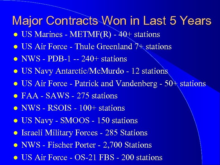 Major Contracts Won in Last 5 Years l l l US Marines - METMF(R)
