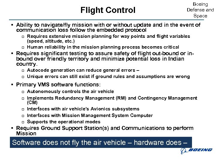 Flight Control Boeing Defense and Space § Ability to navigate/fly mission with or without