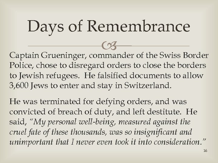 Days of Remembrance of the Swiss Border Captain Grueninger, commander Police, chose to disregard