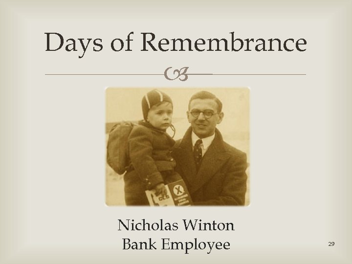 Days of Remembrance Nicholas Winton Bank Employee 29 