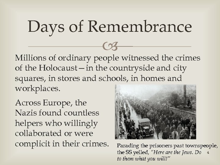 Days of Remembrance Millions of ordinary people witnessed the crimes of the Holocaust—in the