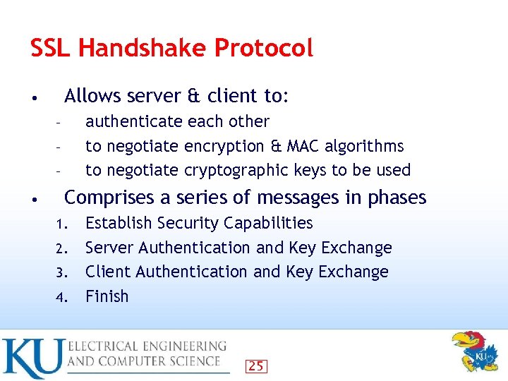 SSL Handshake Protocol Allows server & client to: • authenticate each other to negotiate