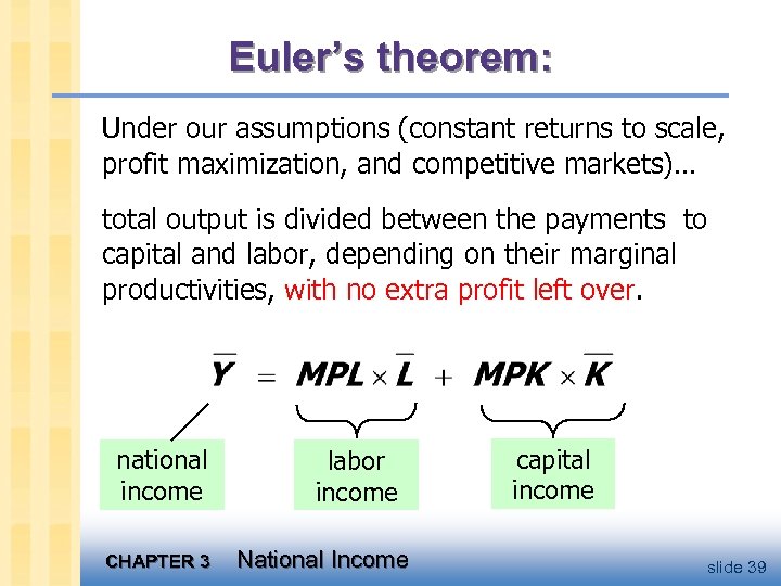 Euler’s theorem: Under our assumptions (constant returns to scale, profit maximization, and competitive markets)…