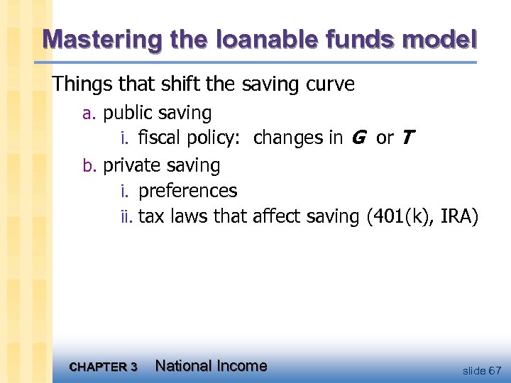 Mastering the loanable funds model Things that shift the saving curve a. public saving