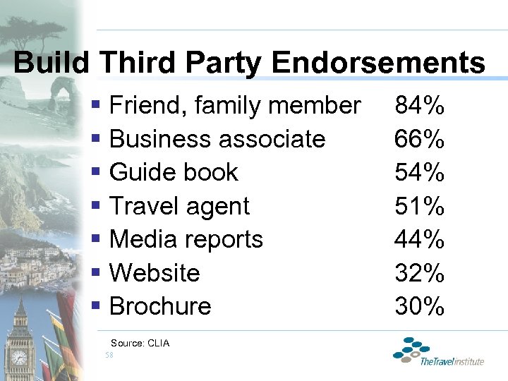 Build Third Party Endorsements § Friend, family member § Business associate § Guide book