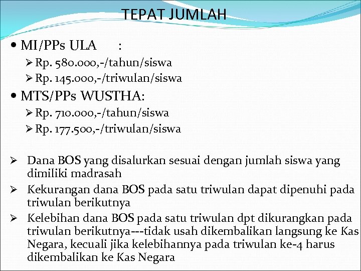 TEPAT JUMLAH MI/PPs ULA : Ø Rp. 580. 000, -/tahun/siswa Ø Rp. 145. 000,