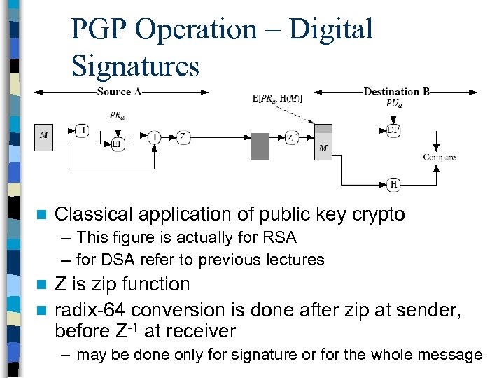 PGP Operation – Digital Signatures n Classical application of public key crypto – This