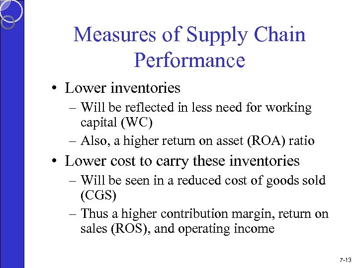 Measures of Supply Chain Performance • Lower inventories – Will be reflected in less