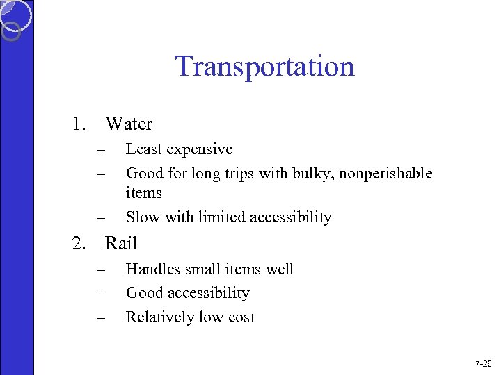 Transportation 1. Water – – – Least expensive Good for long trips with bulky,