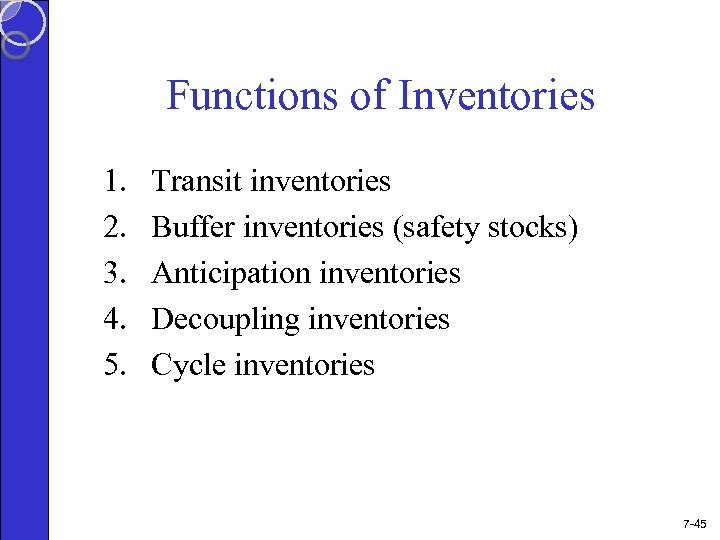 Functions of Inventories 1. 2. 3. 4. 5. Transit inventories Buffer inventories (safety stocks)
