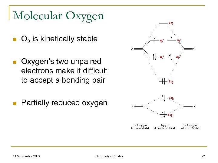 Molecular Oxygen n O 2 is kinetically stable n Oxygen’s two unpaired electrons make