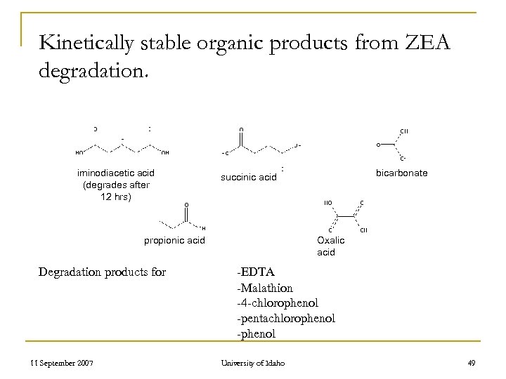 Kinetically stable organic products from ZEA degradation. iminodiacetic acid (degrades after 12 hrs) propionic