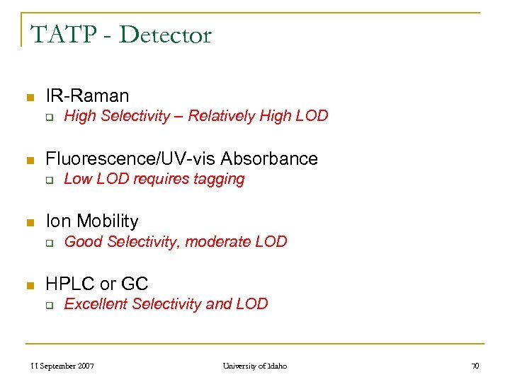 TATP - Detector n IR-Raman q n Fluorescence/UV-vis Absorbance q n Low LOD requires