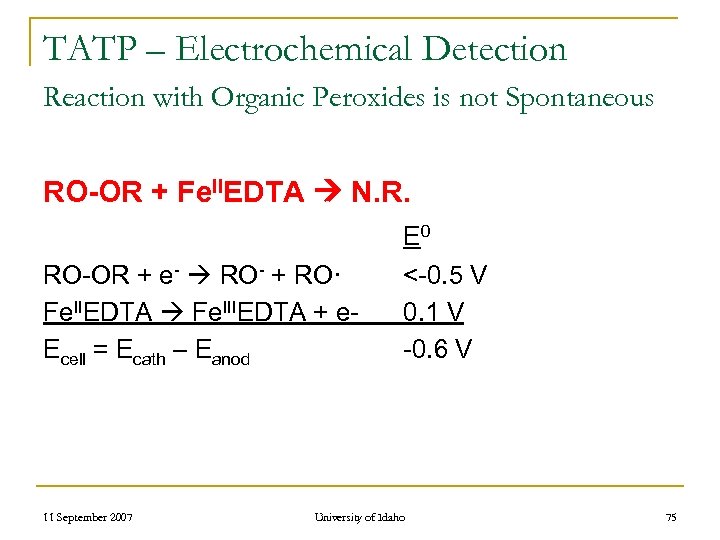 TATP – Electrochemical Detection Reaction with Organic Peroxides is not Spontaneous RO-OR + Fe.