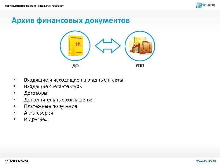 Корпоративные порталы и документооборот Архив финансовых документов § § § § Входящие и исходящие
