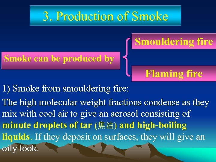 3. Production of Smoke Smouldering fire Smoke can be produced by Flaming fire 1)