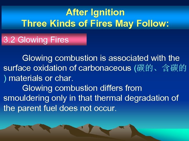 After Ignition Three Kinds of Fires May Follow: 3. 2 Glowing Fires Glowing combustion