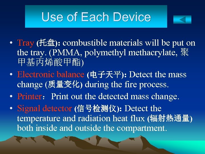 Use of Each Device • Tray (托盘): combustible materials will be put on the