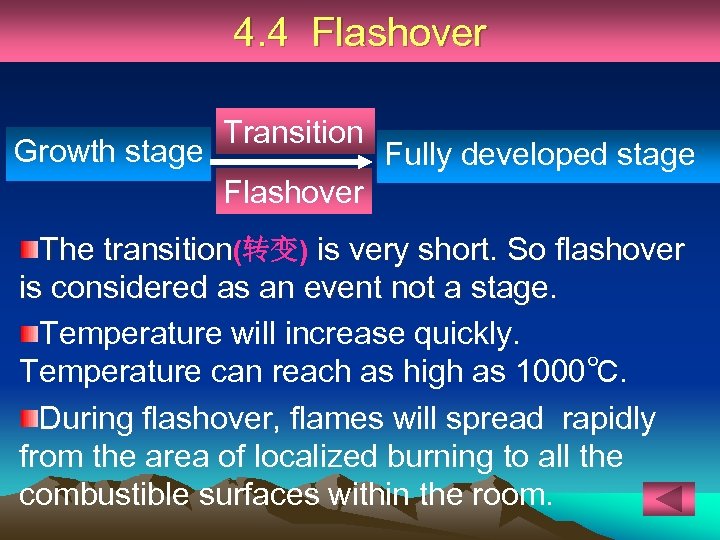 4. 4 Flashover Growth stage Transition Fully developed stage Flashover The transition(转变) is very