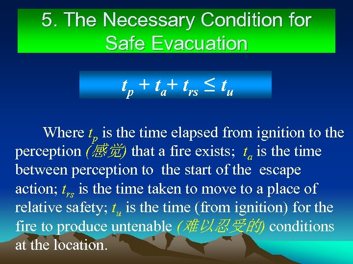 5. The Necessary Condition for Safe Evacuation tp + ta+ trs ≤ tu Where