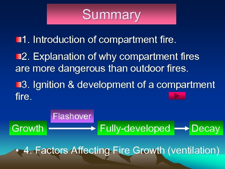 Summary 1. Introduction of compartment fire. 2. Explanation of why compartment fires are more