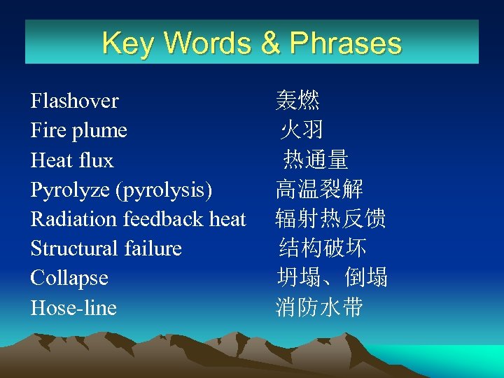 Key Words & Phrases Flashover 轰燃 Fire plume 火羽 Heat flux 热通量 Pyrolyze (pyrolysis)