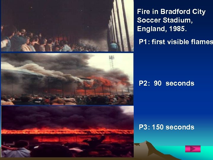 Fire in Bradford City Soccer Stadium, England, 1985. P 1: first visible flames P