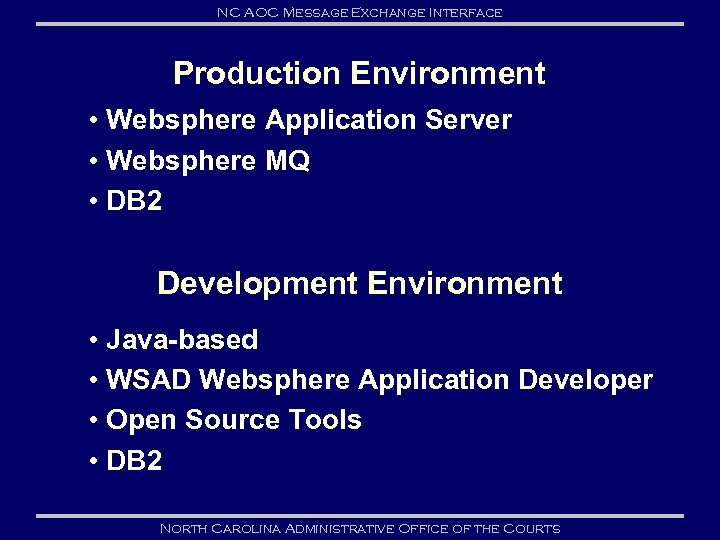 NC AOC Message Exchange Interface Production Environment • Websphere Application Server • Websphere MQ