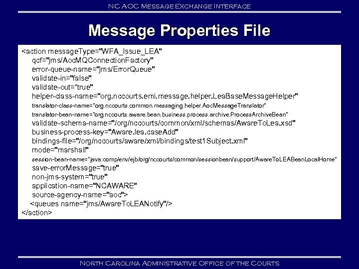 NC AOC Message Exchange Interface Message Properties File <action message. Type="WFA_Issue_LEA" qcf="jms/Aoc. MQConnection. Factory"