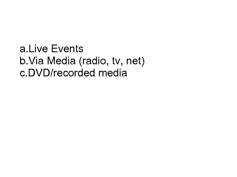 Channels for SEM a. Live Events b. Via Media (radio, tv, net) c. DVD/recorded