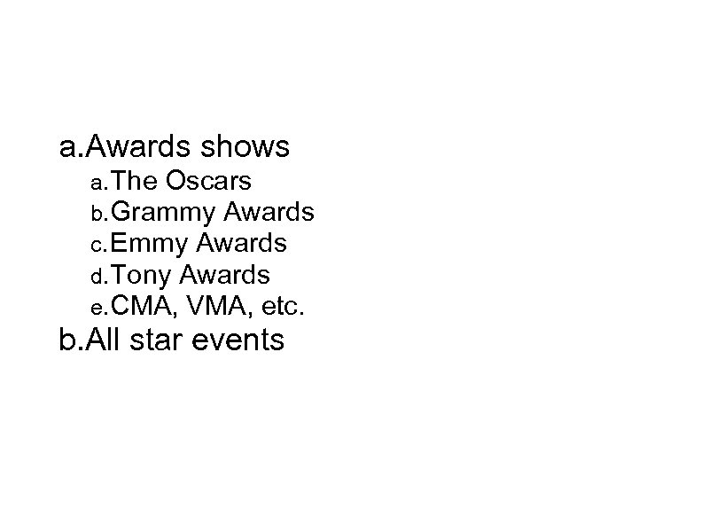 Promotional Events a. Awards shows a. The Oscars b. Grammy Awards c. Emmy Awards