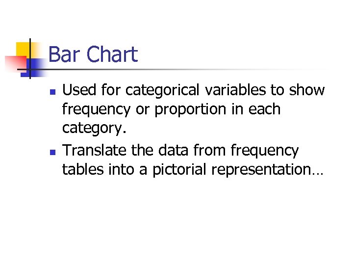 Bar Chart n n Used for categorical variables to show frequency or proportion in