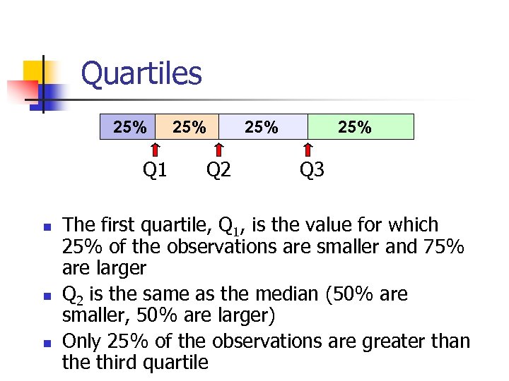 Quartiles 25% Q 1 n n n 25% Q 2 25% Q 3 The