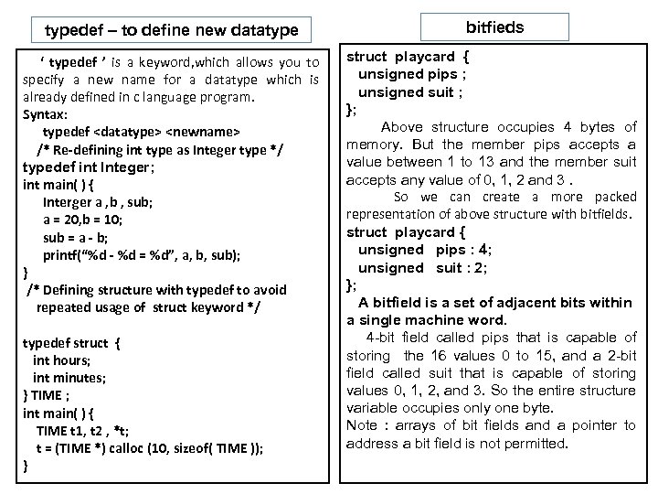 typedef – to define new datatype bitfieds ‘ typedef ’ is a keyword, which