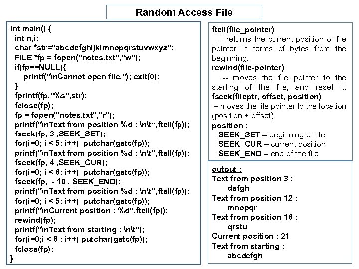 Random Access File int main() { int n, i; char *str="abcdefghijklmnopqrstuvwxyz"; FILE *fp =