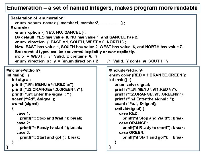Enumeration – a set of named integers, makes program more readable Declaration of enumeration