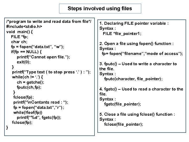 Steps involved using files /*program to write and read data from file*/ #include<stdio. h>