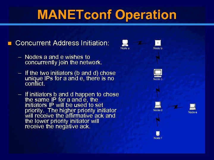Slide 16 MANETconf Operation n Concurrent Address Initiation: – Nodes a and e wishes